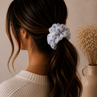WHITE WITH BLUE POLKA DOT - HAIR SCRUNCHIE