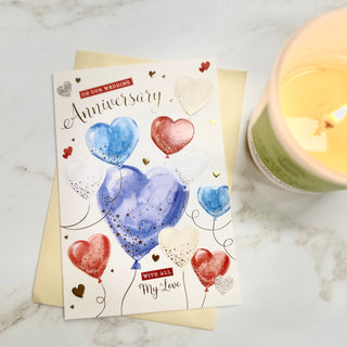 WEDDING ANNIVERSARY BLUE RED WHITE HEARTS CARD