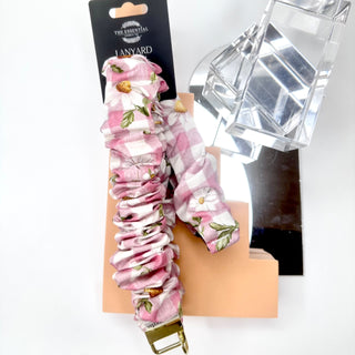 PINK GINGHAM STRAWBERRIES AND DAISIES SCRUNCHIE LANYARD