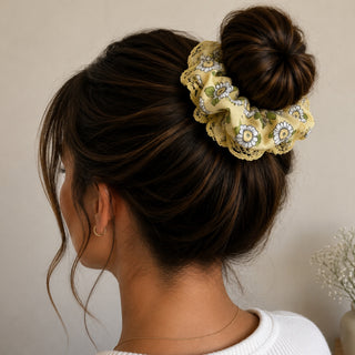 YELLOW FLOWERS WITH LACE - HAIR SCRUNCHIE