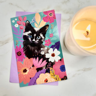 CAT WITH BLUE EYES AND FLOWERS CARD