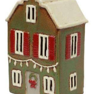 CHRISTMAS TEA LIGHT HOUSE CHRISTMAS GREEN WITH SHUTTERS
