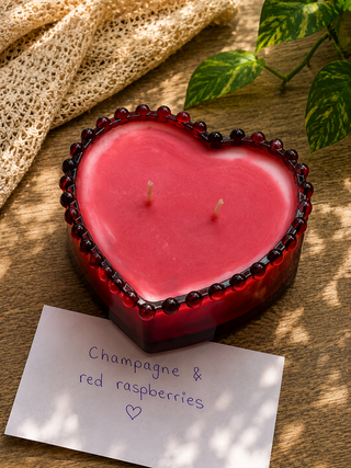 CHAMPAGNE AND RED RASPBERRIES - RED HEART CANDLE