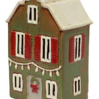 CHRISTMAS TEA LIGHT HOUSE CHRISTMAS GREEN WITH SHUTTERS