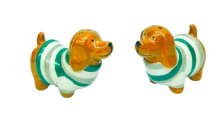 DOG SALT AND PEPPER SHAKERS BROWN AND SAGE