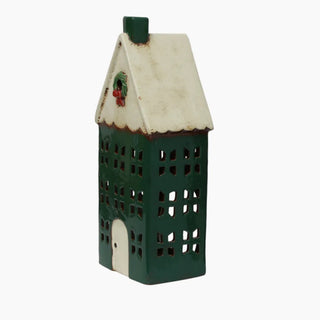 CHRISTMAS TEA LIGHT HOUSE GREEN WITH WREATH LARGE
