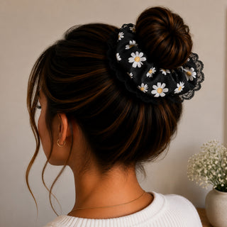 BLACK FLOWERS WITH LACE - HAIR SCRUNCHIE