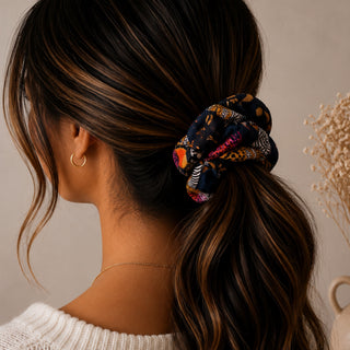 NAVY WITH LEAVES - HAIR SCRUCHIE