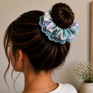 BLUE FLORAL WITH LACE  - HAIR SCRUNCHIES