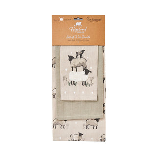 Linen Blend 3 Pack Of Tea Towels Highland Sheep