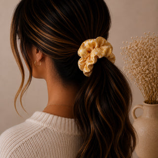 YELLOW SATIN FLORAL - HAIR SCRUNCHIE