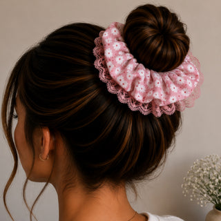 PINK DAISY WITH LACE  - HAIR SCRUNCHIES