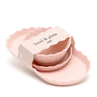 PINK DAISY WAVY EDGE SILICONE BOWL AND PLATE SET