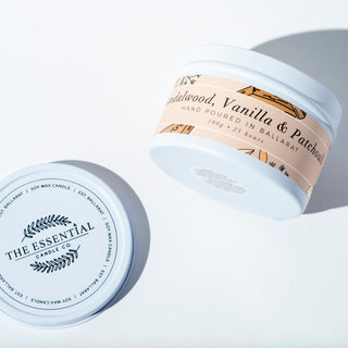 SANDALWOOD,  VANILLA AND PATCHOULI - (TIN CANDLE)