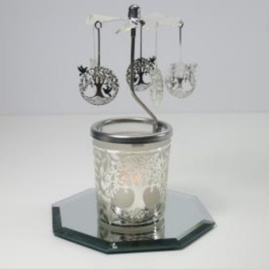 TREE OF LIFE SILVER GLASS WIND CAROUSEL CANDLE HOLDER