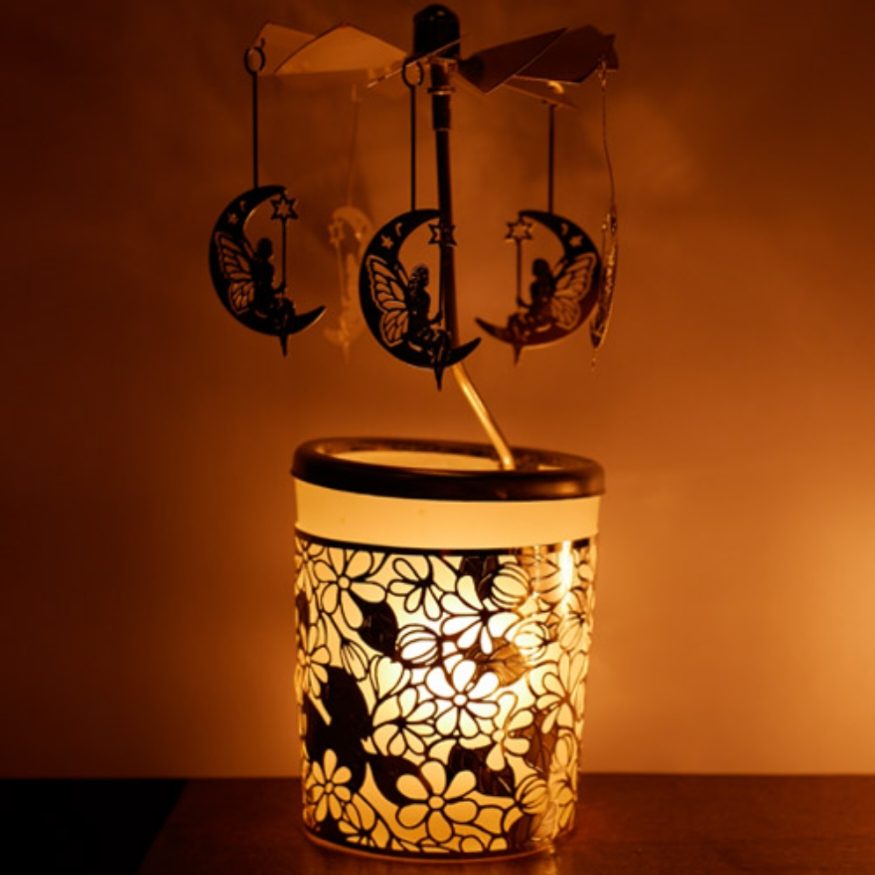 MOON AND FAIRY SILVER GLASS WIND CAROUSEL CANDLE HOLDER